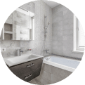 Minimalist concrete bathroom with modern functional bathtub install